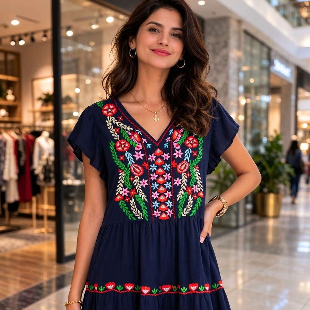Navy Embroidered V-Neck Dress with Multicolor Floral Detail